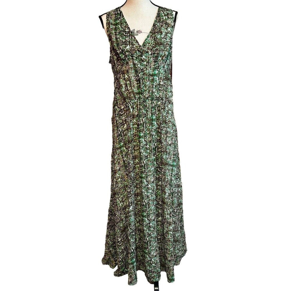 Derek Lam Dress Women's Size XL Armadillo Chiffon Maxi Green Tan Brown Flowy